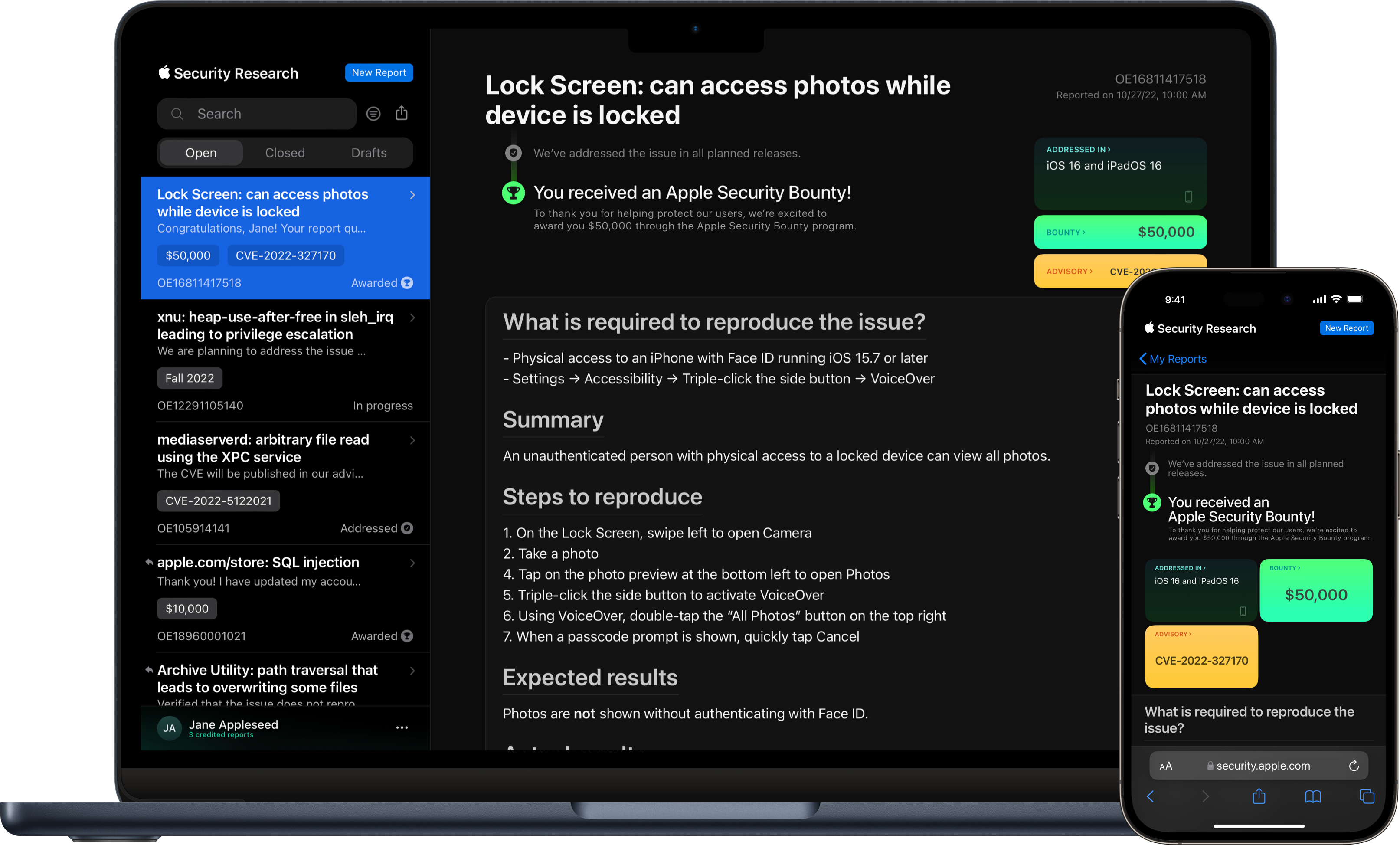 MacBook Pro and iPhone showing a research report that received an Apple Security Bounty reward